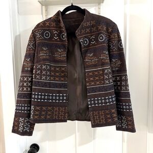 Coldwater Creek Embroidered Boho Jacket Blazer Women's 10 Brown Geometric Tribal